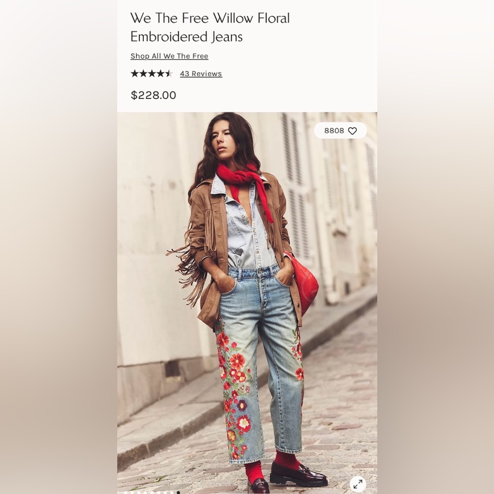 Free People Embroidered Boyfriend Jeans - Blue and Red
